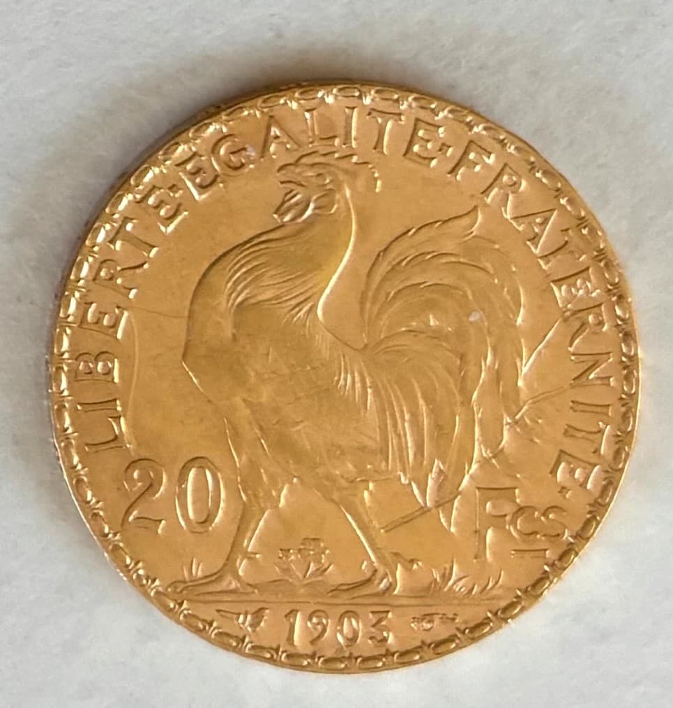Revers d’une pièce 20 francs or Coq Marianne 1903 — République française, état circulé