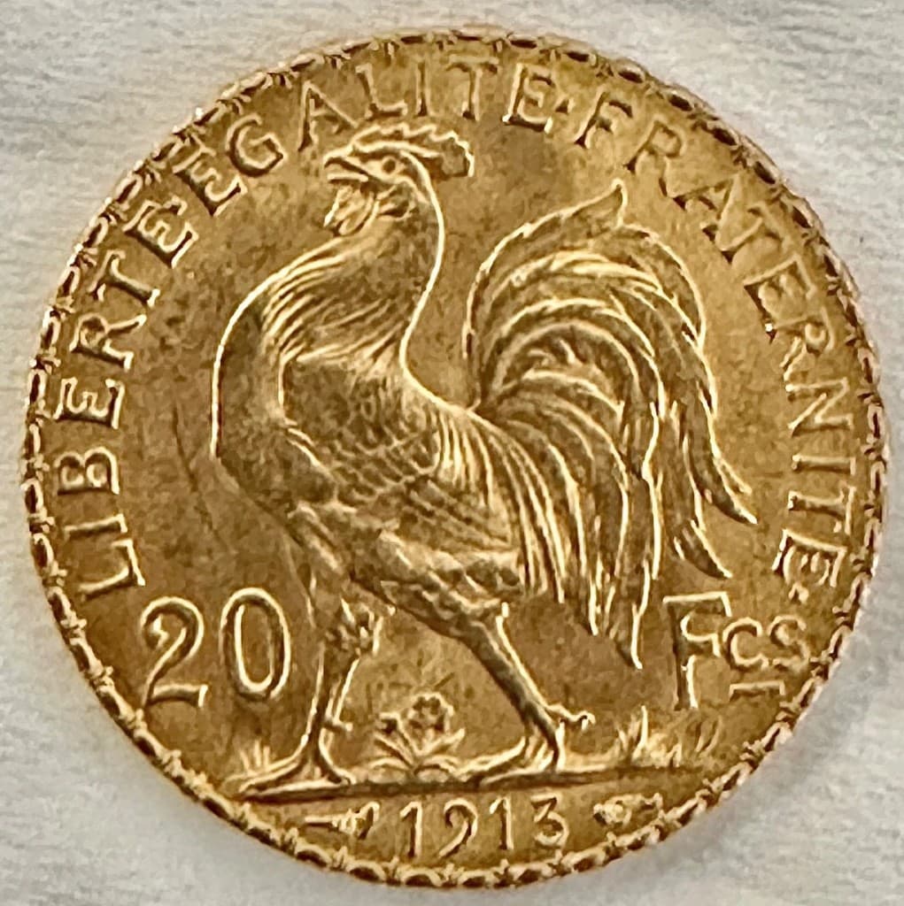 Revers d’une pièce 20 francs or Coq Marianne 1913 — Liberté Égalité Fraternité, République française