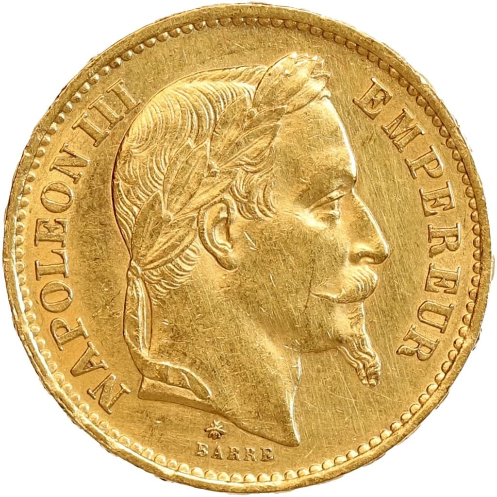 Avers d’une pièce 20 francs or Napoléon III tête laurée — gravure de Barre, or 900‰, 5,8064 g d’or fin