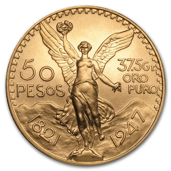 Avers du 50 Pesos Mexicain : Victoire ailée tenant une couronne de laurier, dates 1821-1947 et mention 50 Pesos 37,5 Gr Oro Puro
