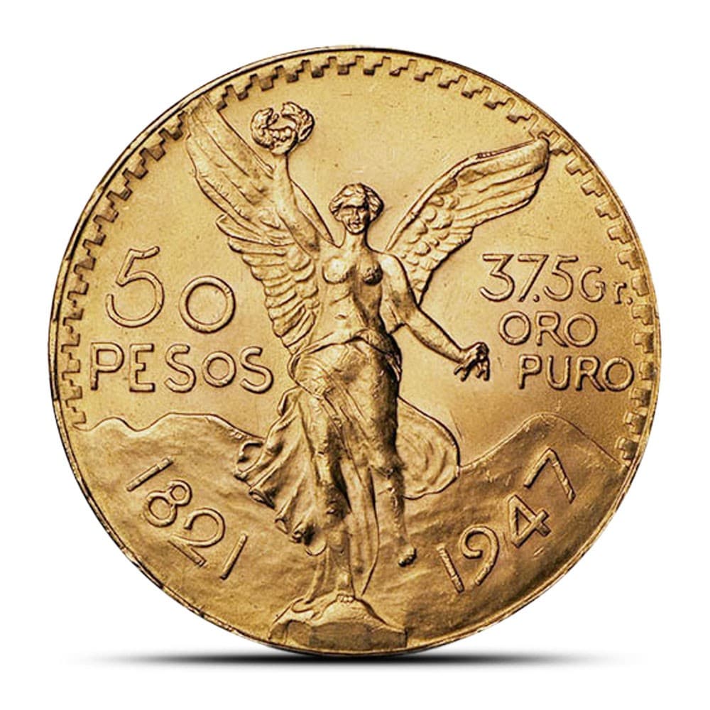 Pièce d’or 50 Pesos Mexicain Centenario — avers, Victoire ailée et inscription 37,5 Gr Oro Puro