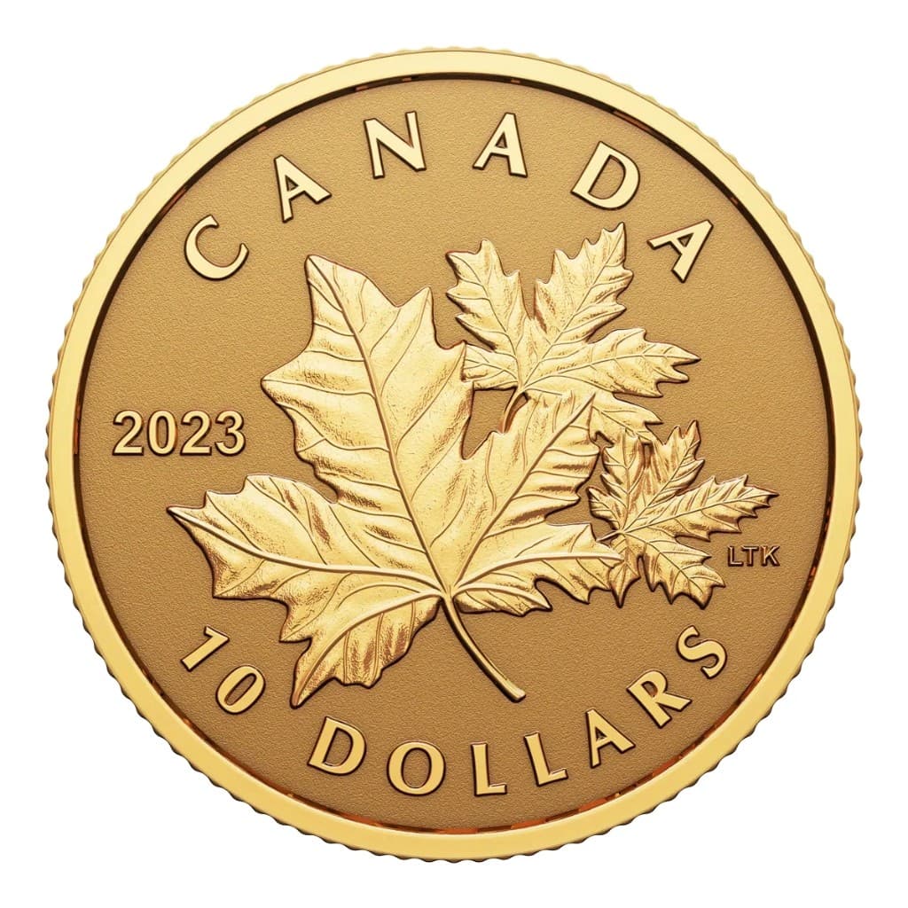 Pièce d’or Maple Leaf collection 2023, valeur faciale 10 dollars canadiens, motif aux trois feuilles d’érable, Royal Canadian Mint